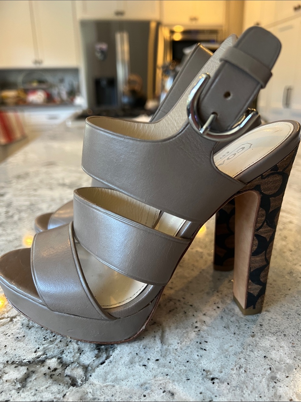 COACH Bertta Taupe Leather Monogram Platform Sandals Size 5.5 B Like New - Picture 4 of 11